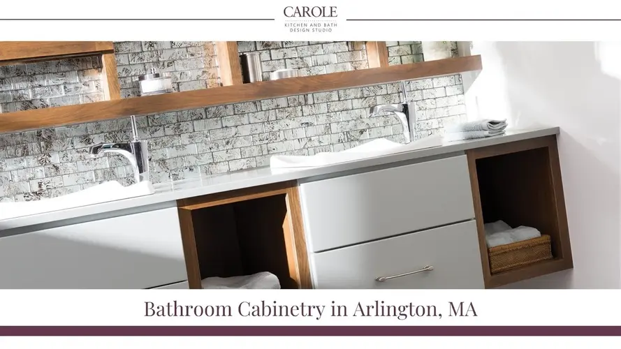 Elegant white and wood bathroom vanity with organized open storage