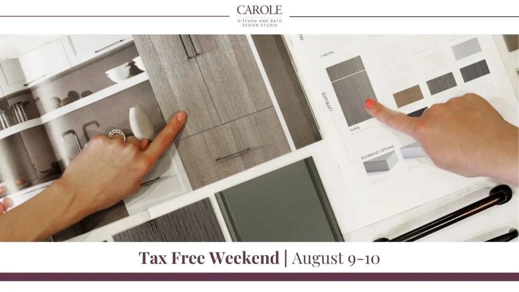 Kitchen design consultation showing cabinet door styles and laminate swatches during Massachusetts Tax-Free Weekend