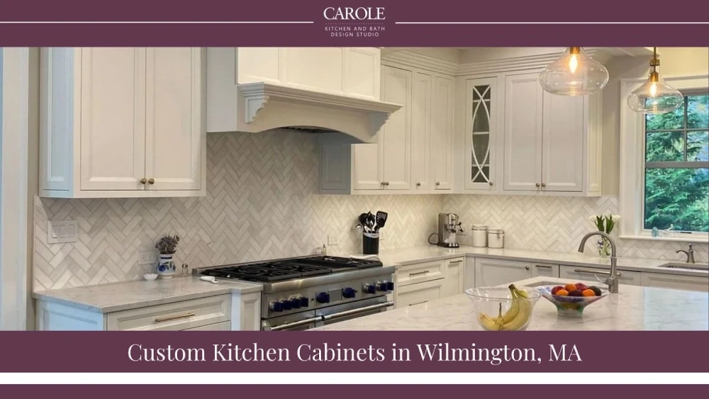Custom white kitchen cabinets with marble countertops in Wilmington, MA