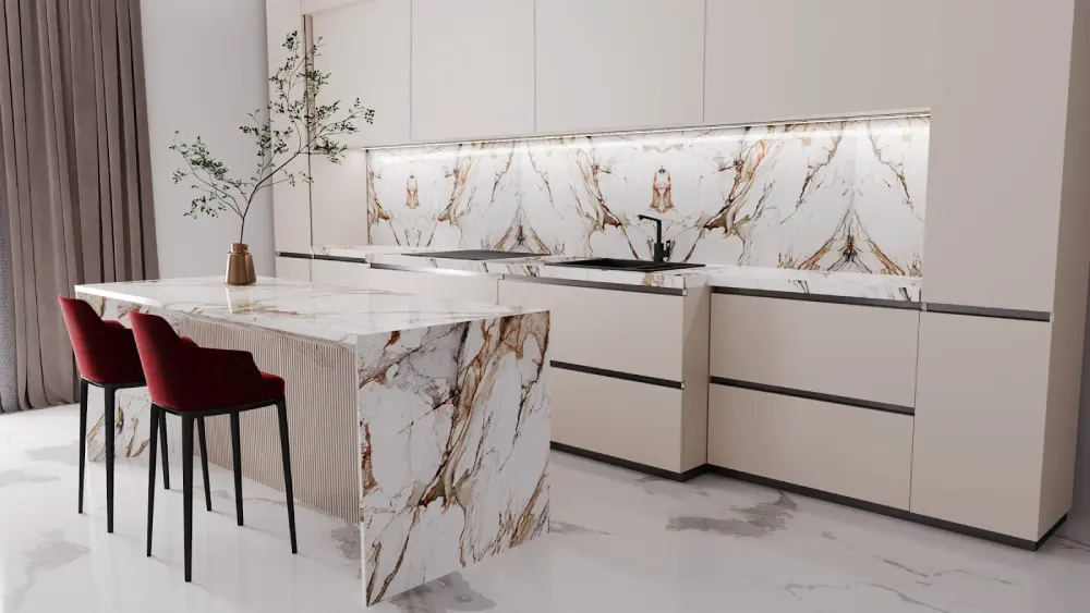 Modern kitchen with marble waterfall island and backsplash in sleek white cabinetry