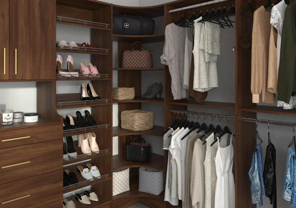 House cabinetry in warm wood tones with organized clothes and shoes