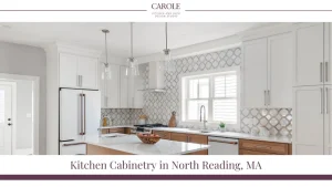 Modern kitchen with white cabinets and wood accents in North Reading, MA