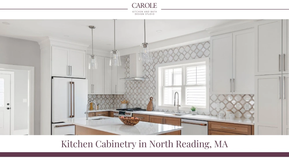 Modern kitchen with white cabinets and wood accents in North Reading, MA